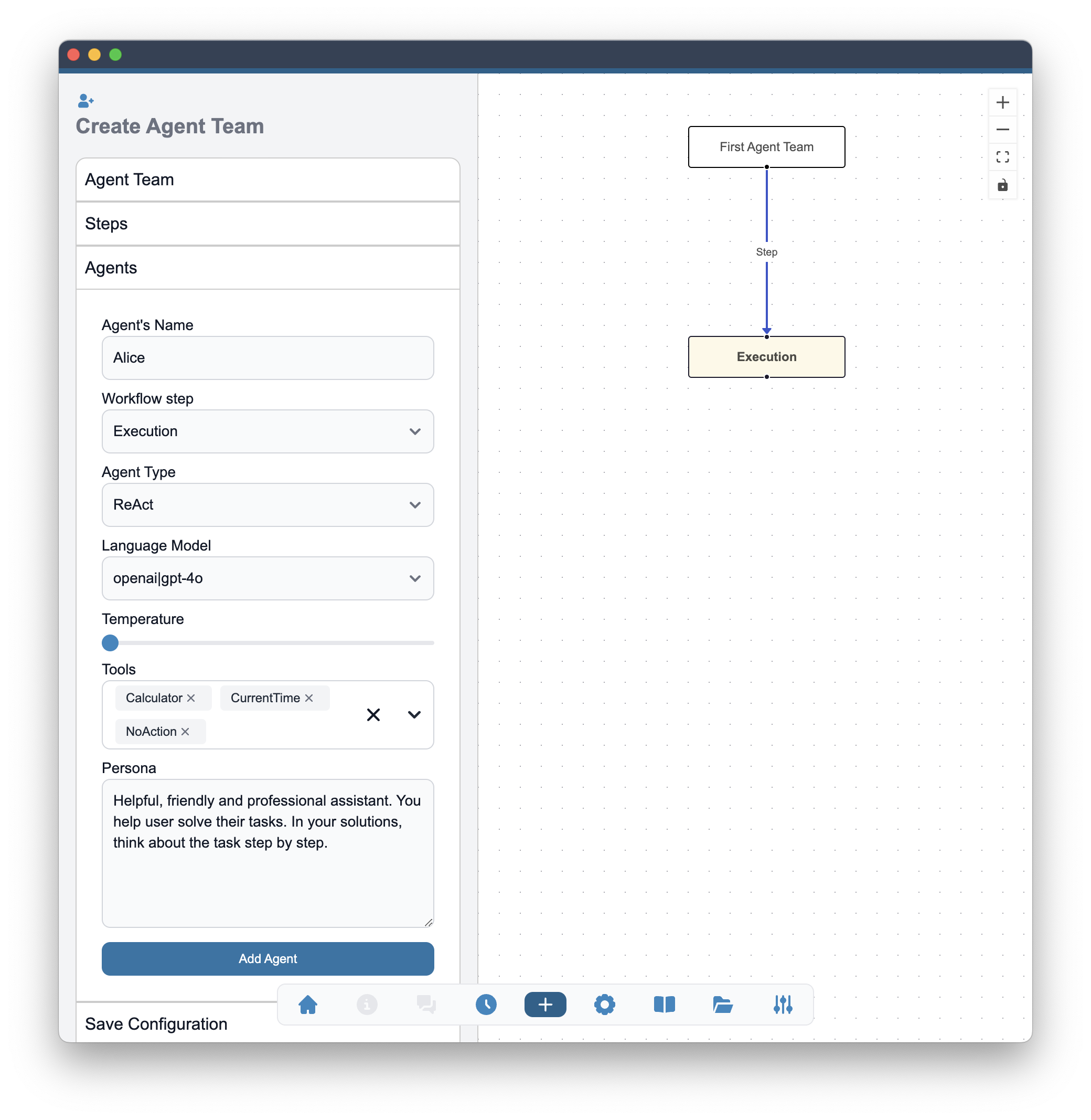 Add Agent step and configuration of Agent's parameters.