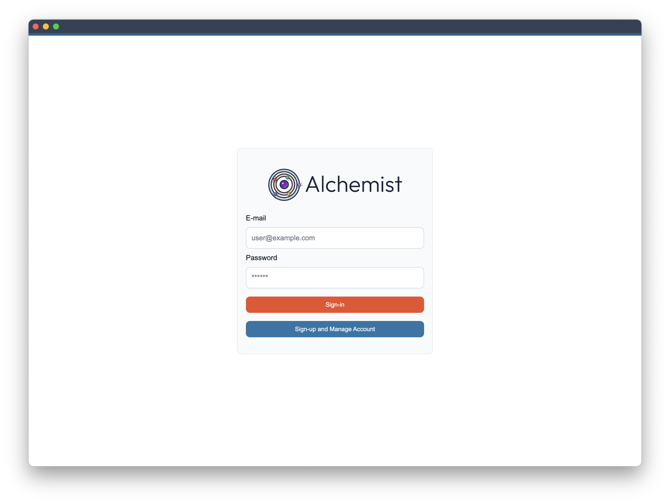 Alchemist Login window at the initial start of the application